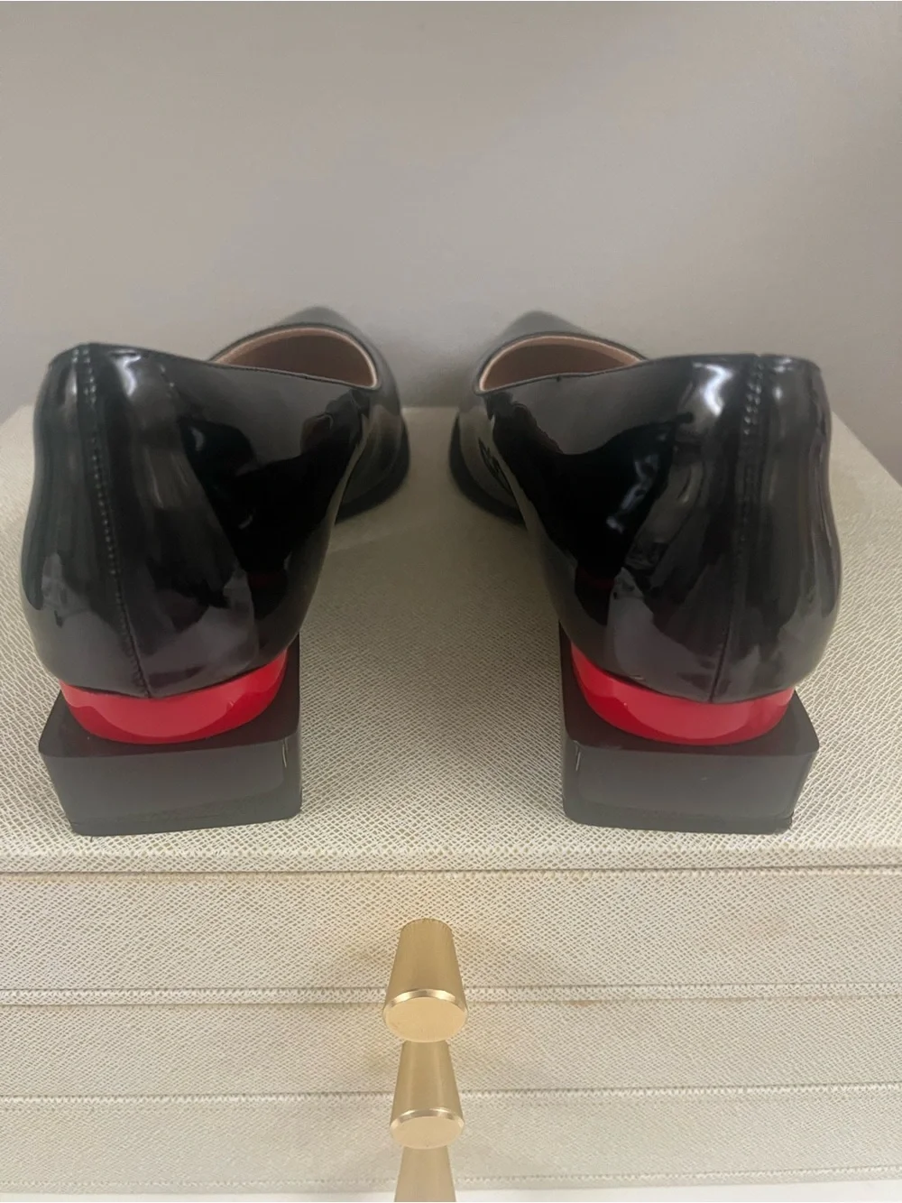 Black Patent Pointed Toe Women's Pumps with Red Accent Heel